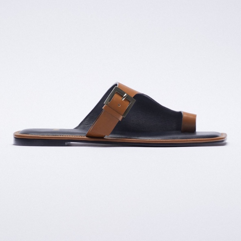 Zara Brown Leather Square open Toe sandals - Picture 3 of 8